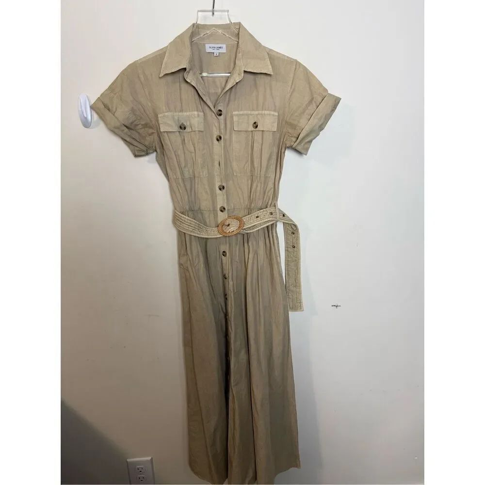 Olivia James Marlow Midi Dress Button Down Khaki Belted Safari Small
